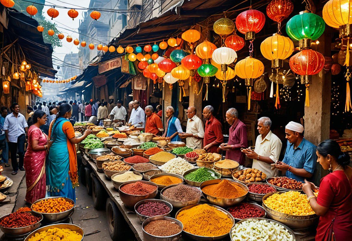 A vibrant Indian street market bursting with colors, featuring a variety of street food stalls, spices, and traditional sweets. Include cheerful individuals savoring delicious dishes, adorned in colorful traditional attire, surrounded by intricate decorative elements. Showcase cultural symbols like lanterns and rugs to reflect the rich Indian lifestyle. super-realistic. vibrant colors. dynamic composition.