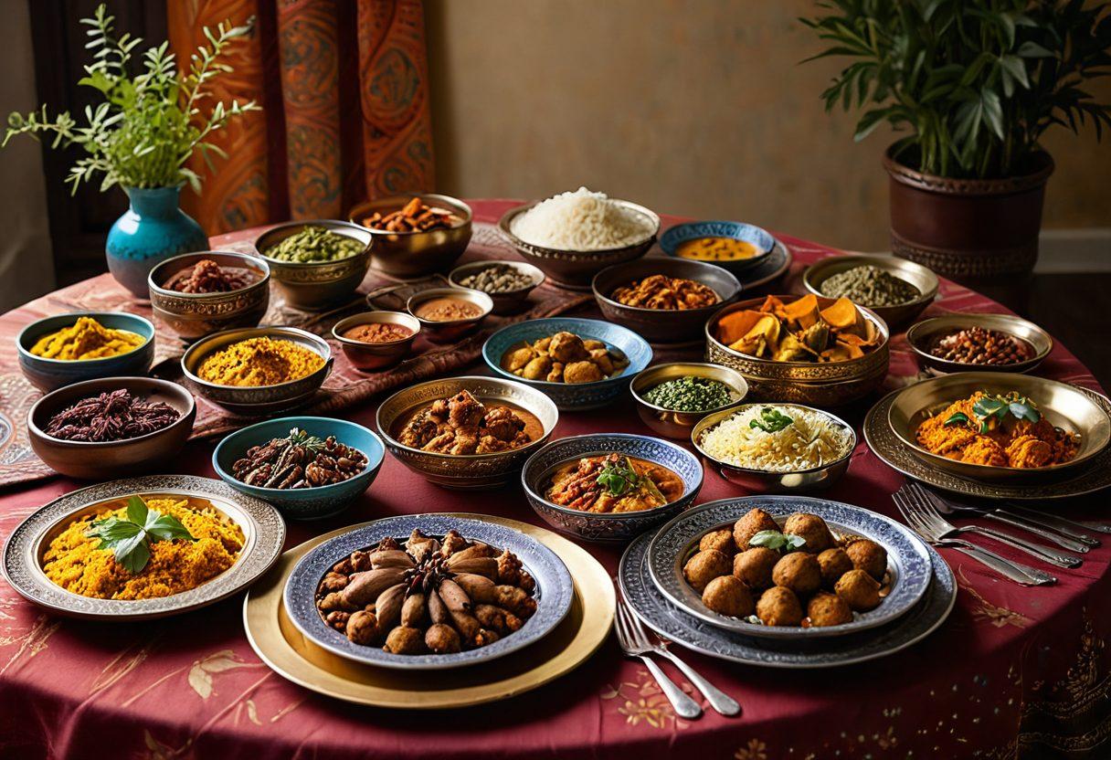 A vibrant table spread adorned with an array of colorful Indian dishes, showcasing intricate spices, rich textures, and traditional Indian tableware. A sense of joy and celebration flows through the setting, with smiling faces enjoying the meal together, light illuminating the scene. Background features traditional Indian decor elements, and hints of golden hour sunlight filtering through. super-realistic. vibrant colors. warm atmosphere.
