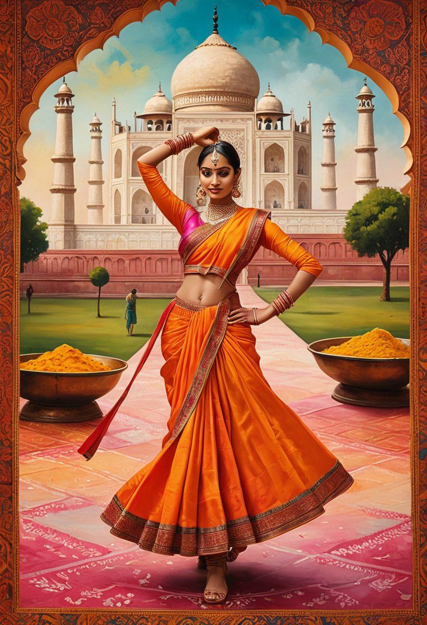 A vibrant collage showcasing the diversity of Indian culture, including traditional dance forms, colorful festivals, intricate textiles, iconic architecture like the Taj Mahal, and flavorful cuisine displayed on a rich tapestry background. The image should radiate warmth and energy, highlighting the essence of Indian heritage and daily life. super-realistic. vibrant colors. intricate details.